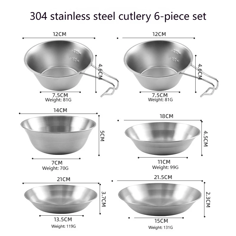 

Stainless Steel Camping Tableware Set Outdoor Portable 6-Piece Picnic BBQ Plates and Bowls Set with Capacity Scale and Handle