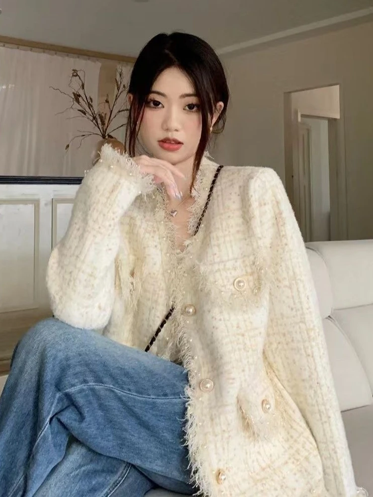 Autumn and Winter Mink Fur Coat Women's French Style Design Tassel V-neck Loose Long Sleeved Top