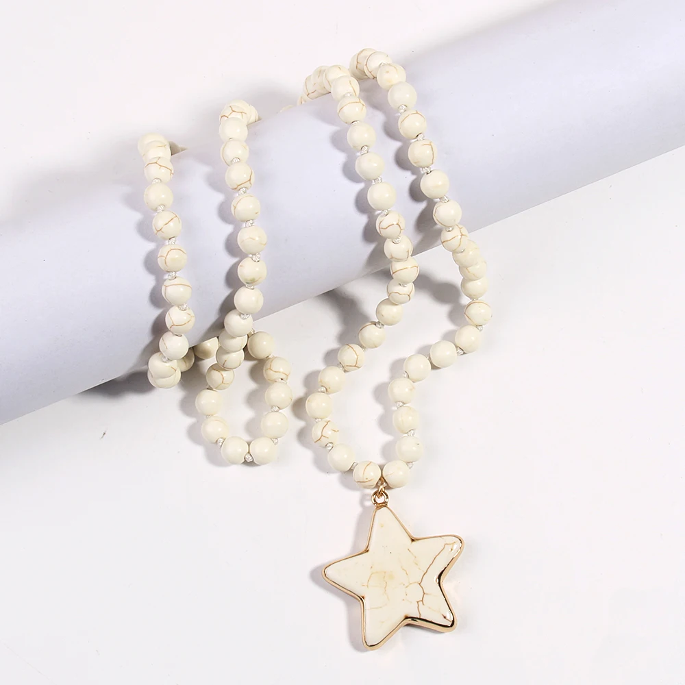 Fashion Bohemian Women Jewelry Turquoise/White Stone Long Knotted Necklace Star Pendant Necklaces for Women Gift