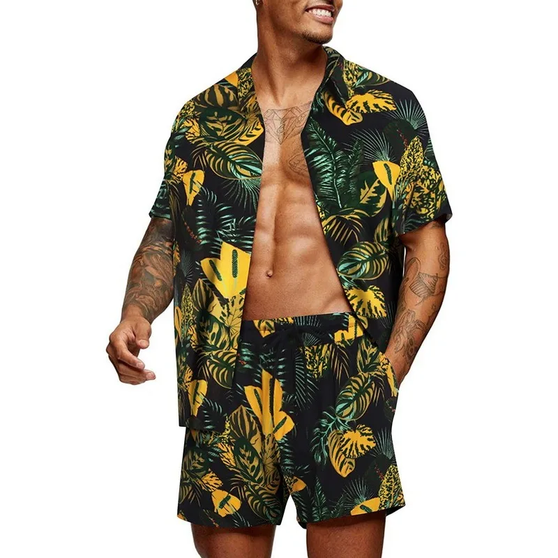 Fashion Men\'s Hawaiian Set Tracksuit Digital Printing Summer Short Sleeve Button Shirt Beach Shorts Streetwear Men Suit 2 Pieces