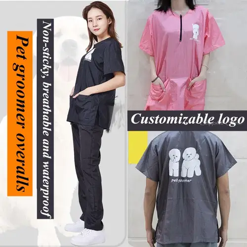 Imagen 2 del producto Uniformes de cosmetología para hombres y mujeres, ropa de trabajo impermeable y transpirable, color morado, rosa y gris, tienda de mascotas, G0709