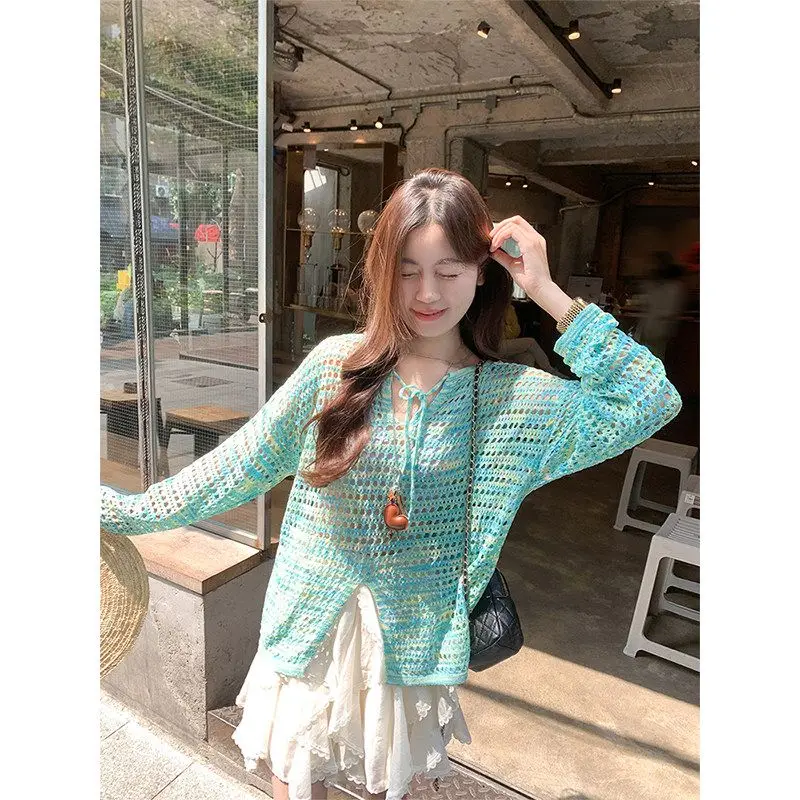 Korean Hollow Sunscreen Knitted Blouse Women's Summer Thin Suspender Outside Air-conditioning Shirt Long-sleeved Top