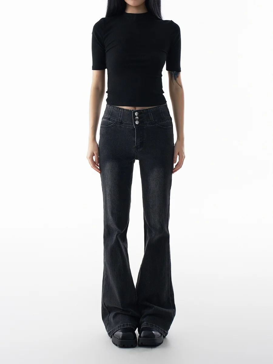 

Джинсовые джинсы-колокольчики с высокой талией в стиле ретро, женские эластичные утягивающие хлопковые эластичные повседневные осенние брюки черного цвета