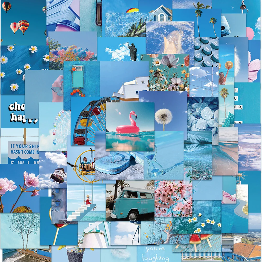 

10/30/62pcs Blue Landscape Stickers for Laptop Wall Decoration Scrapbook Classic Toy PVC Graffiti Decals Kids Sticker Aesthetic
