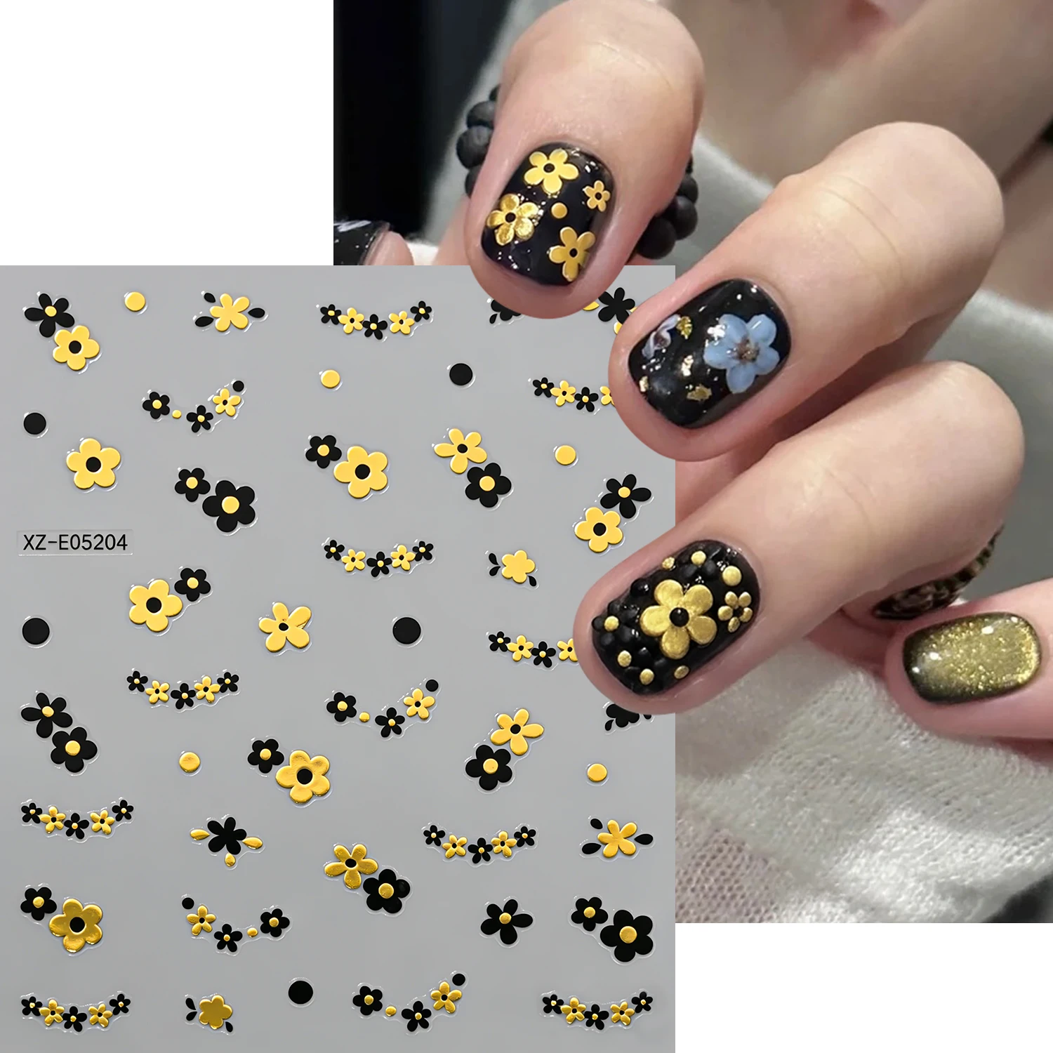 6Pcs Black Golden Nail Decals Vintage Ins Flower Nail Stickers Metallic Music Note Cloud Tiny Pattern Self‑Adhesive For Manicure