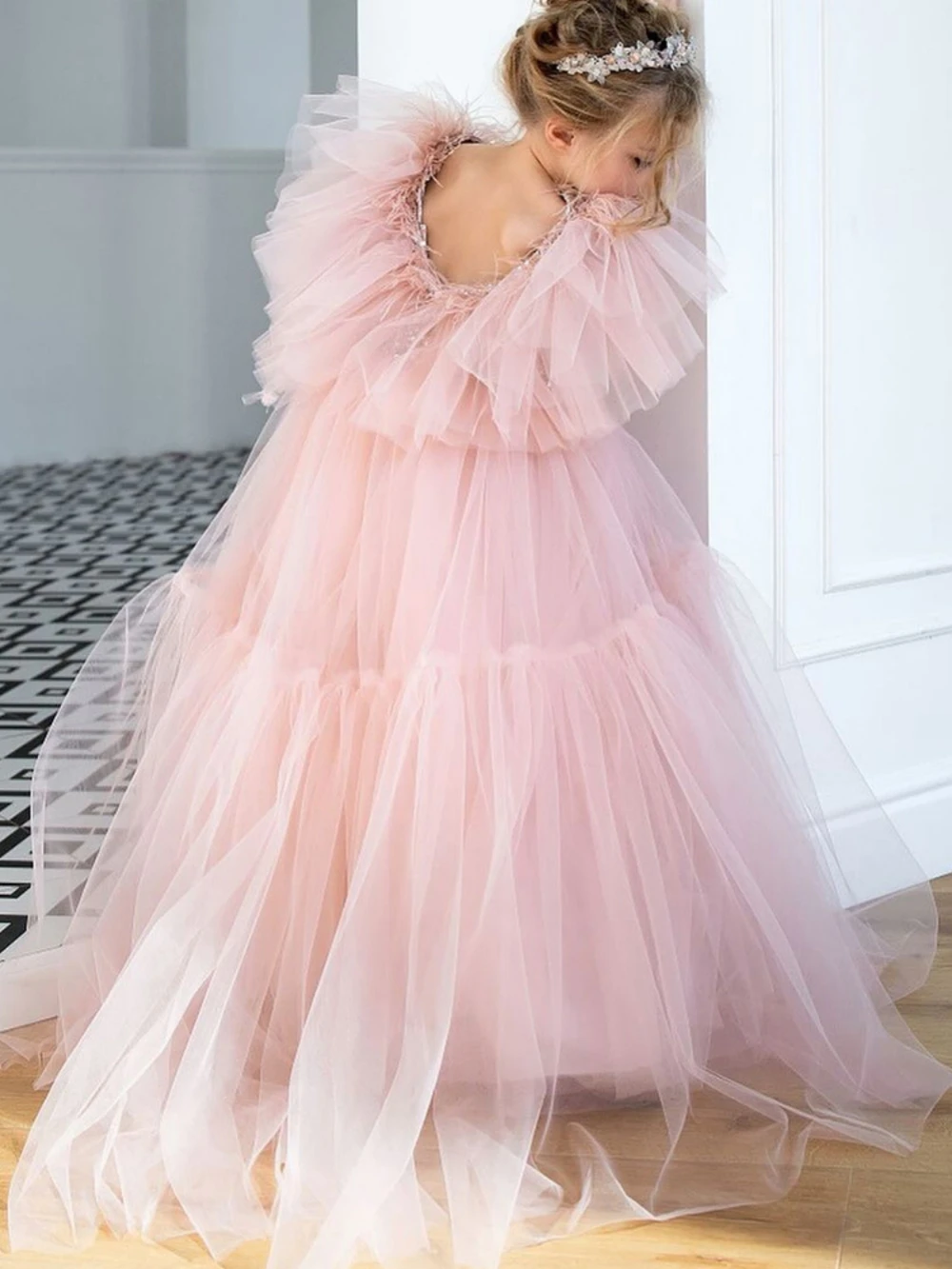 Robe trapèze longue bouffante en tulle rose pour filles, robe de princesse personnalisée pour enfants, fête d'anniversaire, robe de banquet de mariage élégante, quelle que soit