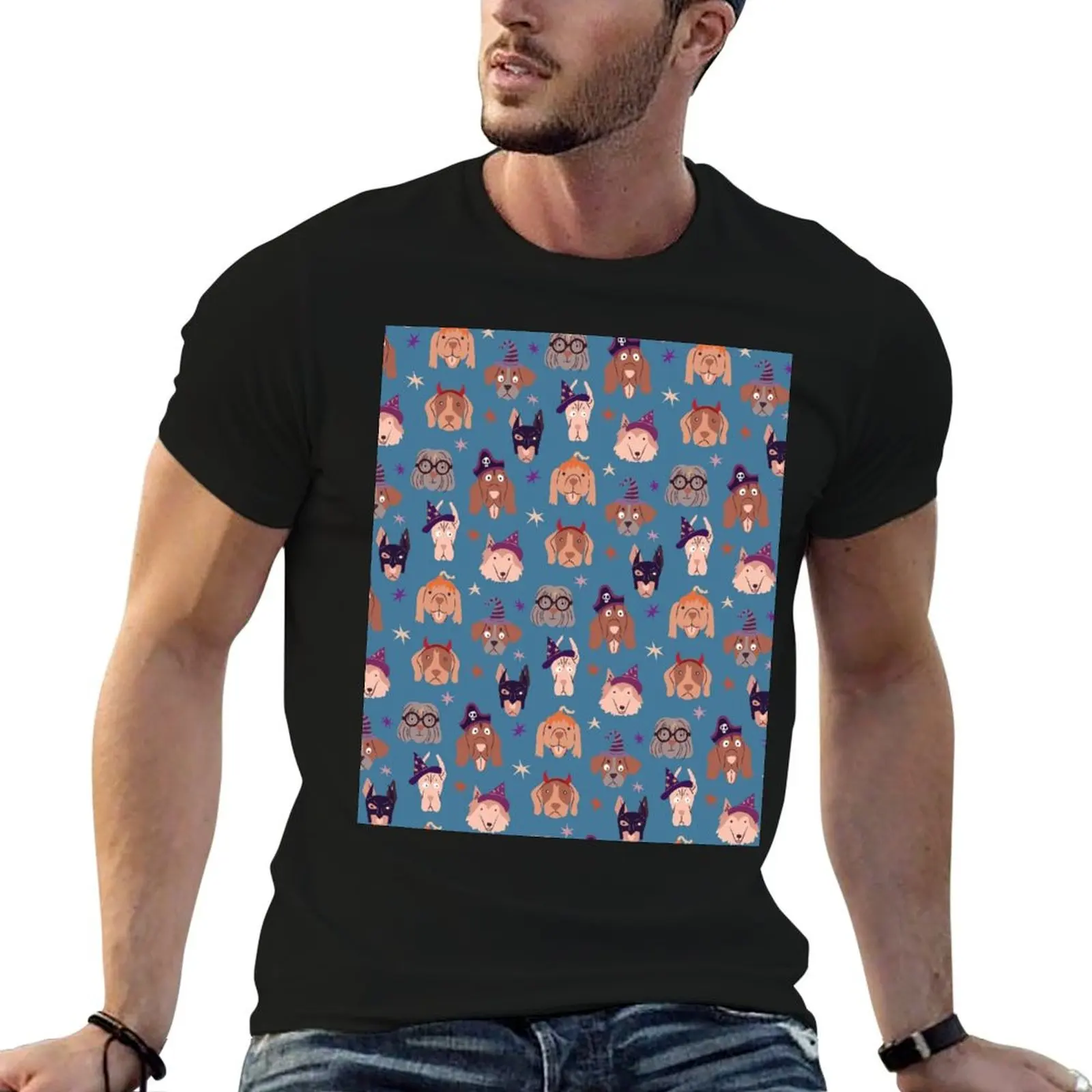 Bark or Treat Halloween Blue T-Shirt Casual Simple Design Short Sleeve Shirt