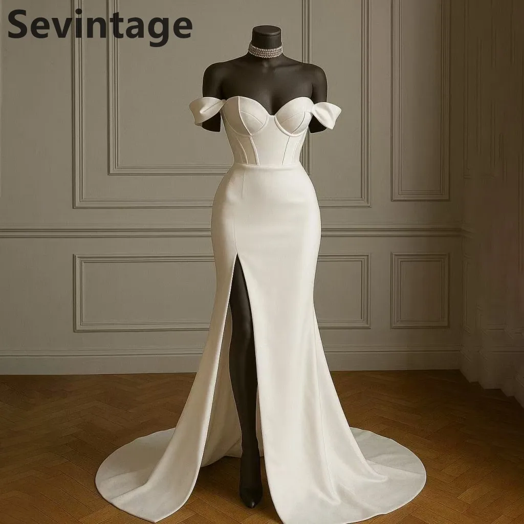 Sevintage 2025 Elegant Ivory Mermaid Sweetheart Satin Off Shoulder Side Slit Wedding Dress Customized Bridal Gowns