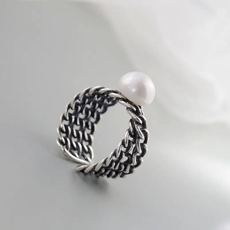 

Classic retro 925 Sterling Silver Open Ring with Natural Freshwater Pearl Vintage Chain Pattern Ring Antiqued Finish Gift