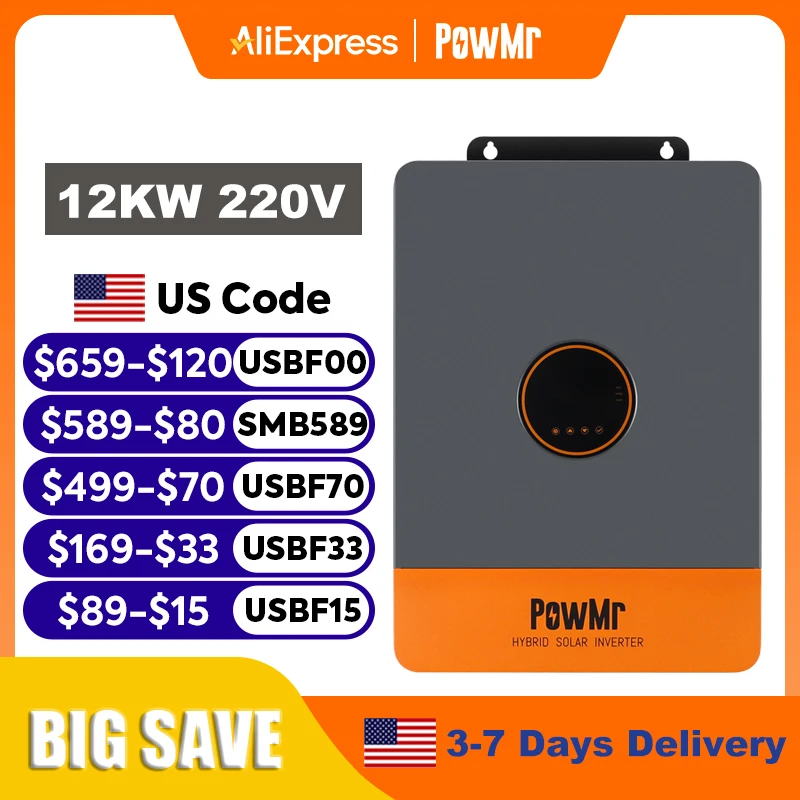 

PowMr 12KW Hybrid Solar Inverter 48V 220V 3 Phase Inverter On Off Grid Dual MPPT Output with MPPT 260A Charger Parallel Up to 6