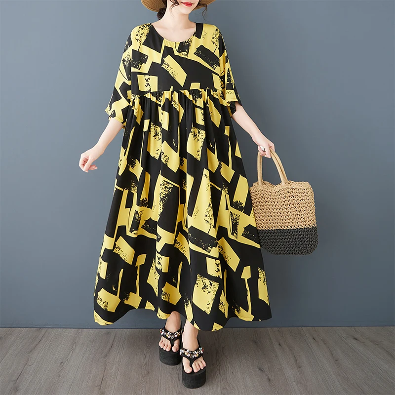 NYFS 2025 صيف جديد القطن الكتان بوهيميا فساتين امرأة Vestidos رداء Ete فام Elbise فضفاضة قصيرة الأكمام طباعة فستان طويل