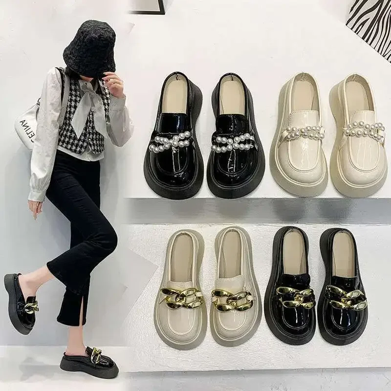 المرأة المألوف اللؤلؤ كبير رئيس الصنادل المسطحة سميكة القاع الانزلاق على الأحذية في الهواء الطلق ارتداء الصيف نمط جديد توفا نصف النعال