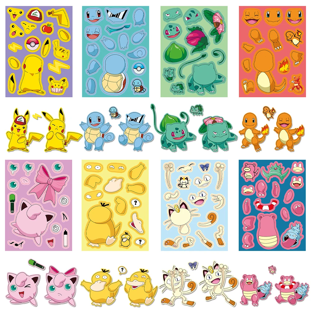 

8/16Sheets Make a Face Pokemon Puzzle Stickers Kawaii Anime Pikachu Children DIY Assembly Jigsaw Games Funny Educational Toys