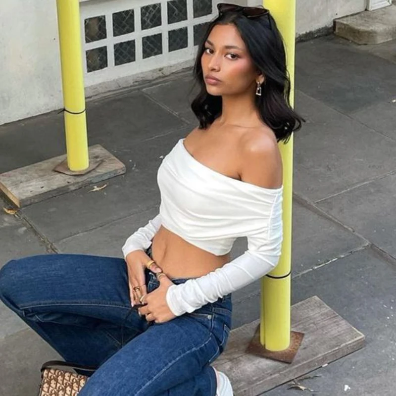 Slash Neck T-shirts Women Elegant Pure Streetwear Chic Fashion Casual Sexy Ladies Skinny Crop Tops Off Shoulder Clothing Spring