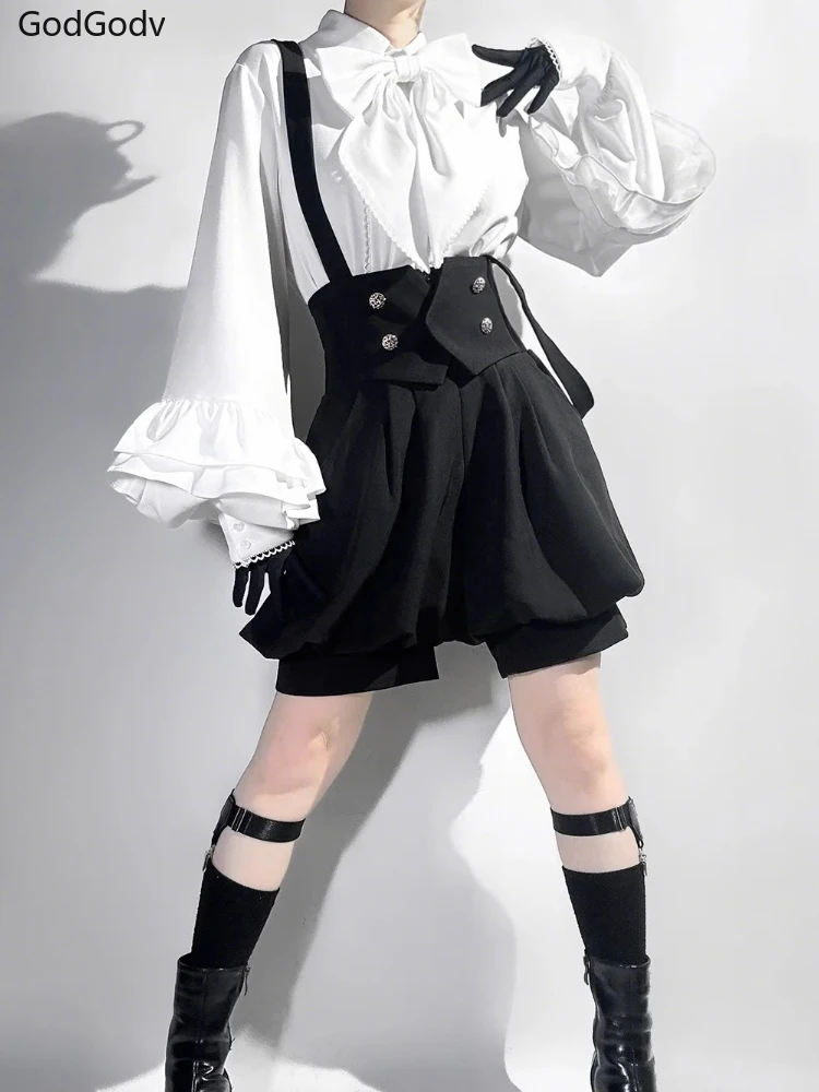 2000s Aesthetic Elegant Lolita Y2k 3 Piece Set Women White Blouse+ Black Shorts+ Fairy Dress Female Japanese Gothic Retro Suit image 3