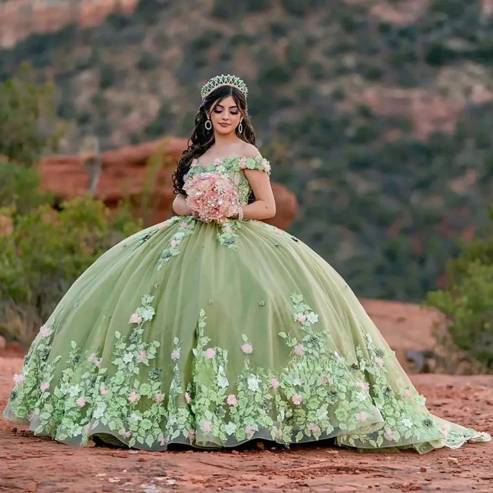 Lorencia Salbeigrünes Quinceanera-Kleid, Ballkleid, schulterfrei, 3D-Blumen, Applikationen, süßes 16-Kleid, mexikanisches Vestidos XV Años YQD442