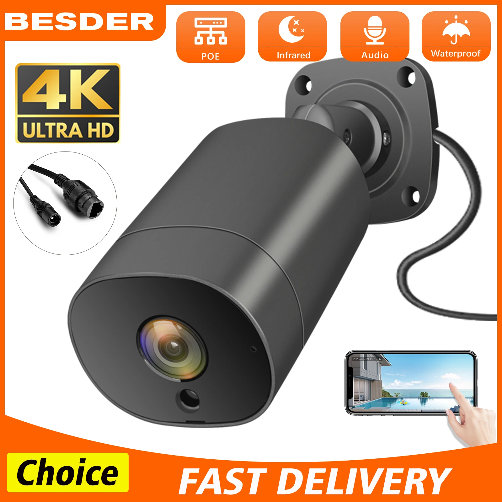 

BESDER 4K 8MP POE IP Camera Audio Outdoor POE H.265 Onvif Bullet CCTV 5MP Color Night Vision Video Surveillance Security Camera