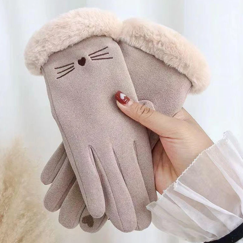 Winter Rabbit Fur Mouth Full Finger Touch Screen Mittens Plus Velvet Warm Gloves For Women