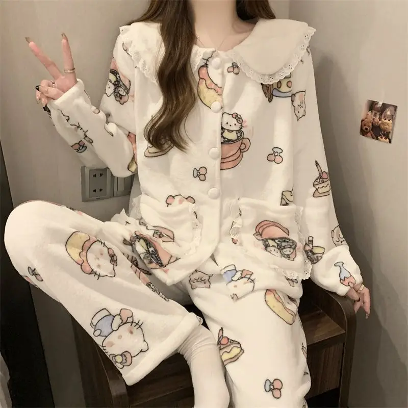 Pizzo Hello Kitty Flanella invernale Colletto per bambola carino Pantaloni a maniche lunghe Ragazze più Abito caldo addensato in velluto Abiti larghi per la casa