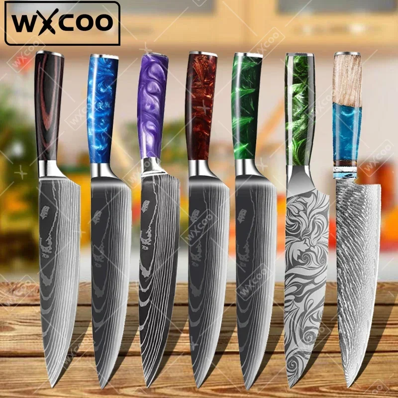 WXCOO Japanese Kitchen Chef Knives Laser Damascus Pattern Ultra-Sharp Santoku Knife Meat Cleaver Fruit Peeler Fish Fillet Knife