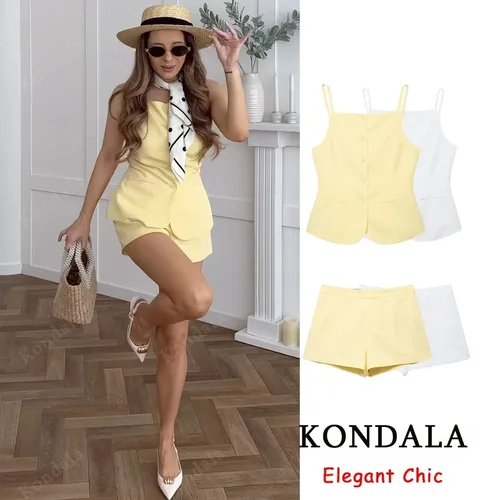 KONDALA-Conjunto de camisola dulce y elegante para mujer, Top con tirantes y botones, Mini pantalones cortos, moda de verano 2025, conjunto de pantalones cortos bonitos para vacaciones