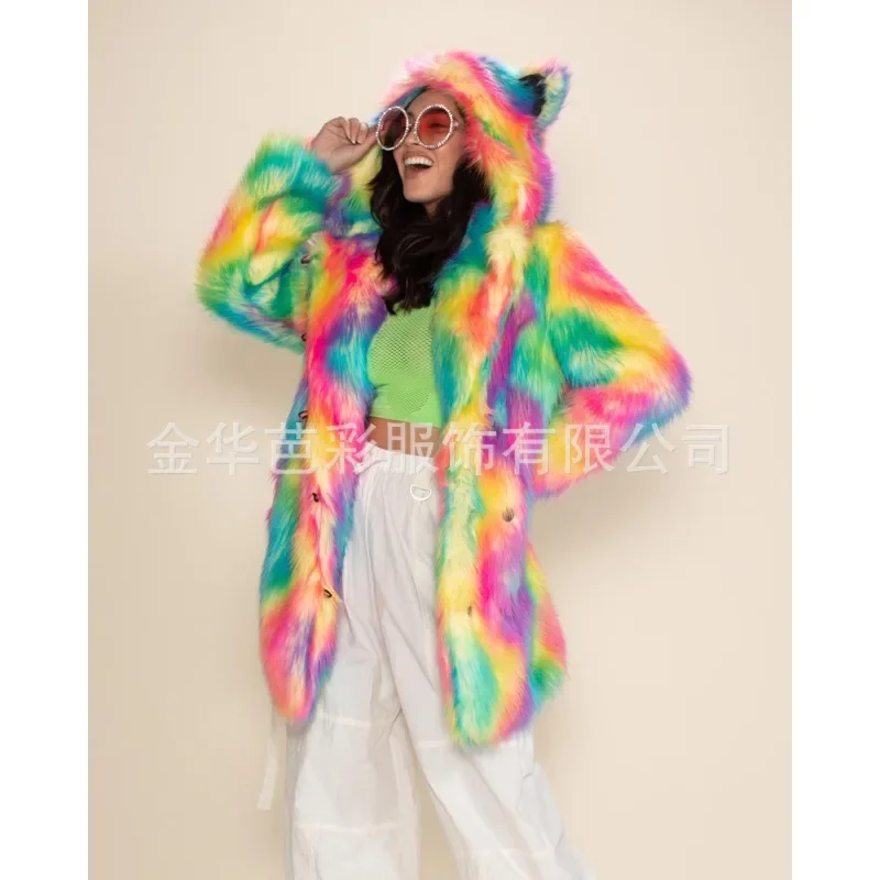 เสื้อโค้ทขนเฟอร์เทียมสีสันสดใสสำหรับผู้หญิง ฤดูใบไม้ร่วงและฤดูหนาว แบบหนา อุ่น สไตล์ยาวปานกลาง มีฮู้ด ขนเฟอร์เทียมแบบขนจิ้งจอก
