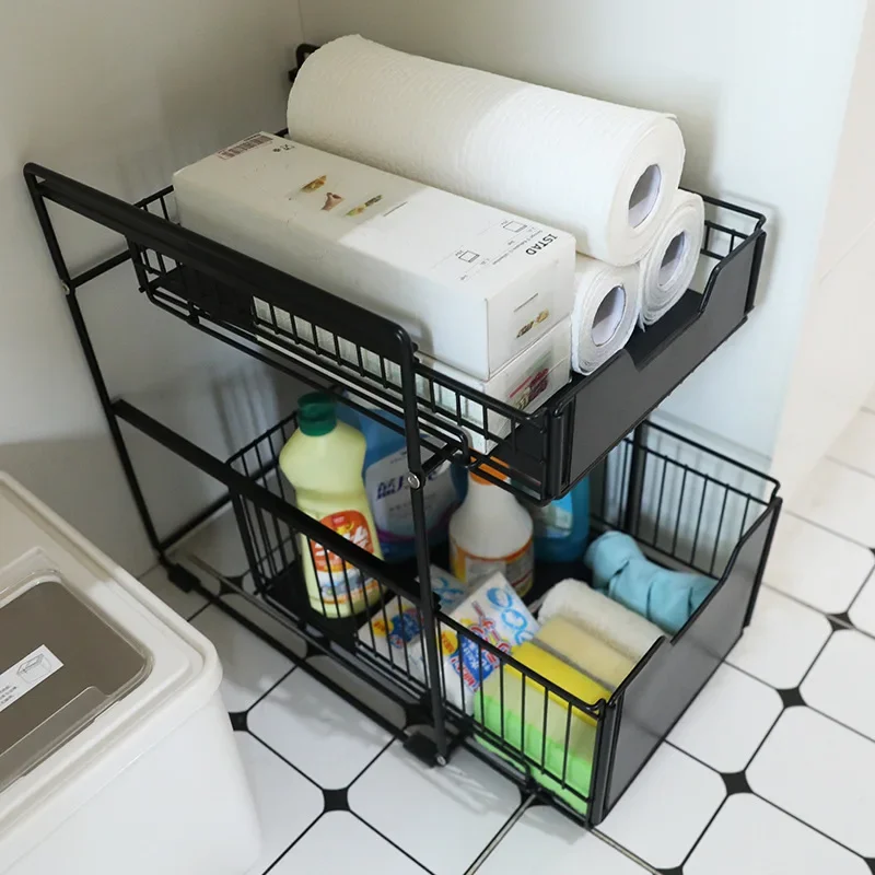 Under The Kitchen Sink Storage Rack Drawer Type Can Be Pushed and Pulled Cabinet Telescopic Double Shelf