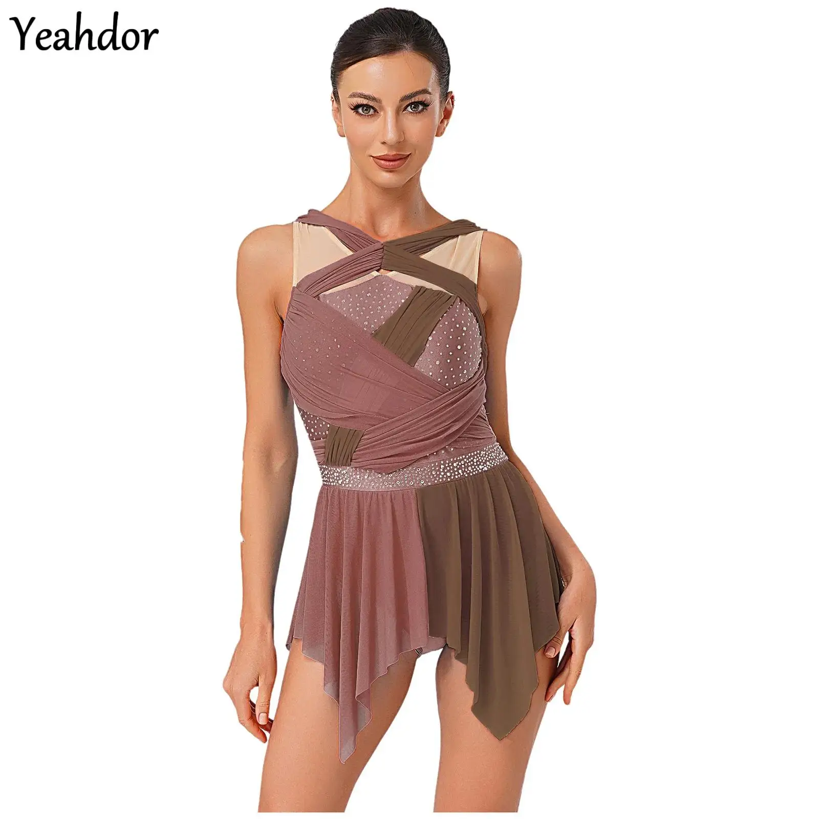 

Womens Rhinestone Lyrical Dance Dress Color Block Mesh Ruched Twisted Knot Irregular Sleeveless Leotard Dress Dancewear