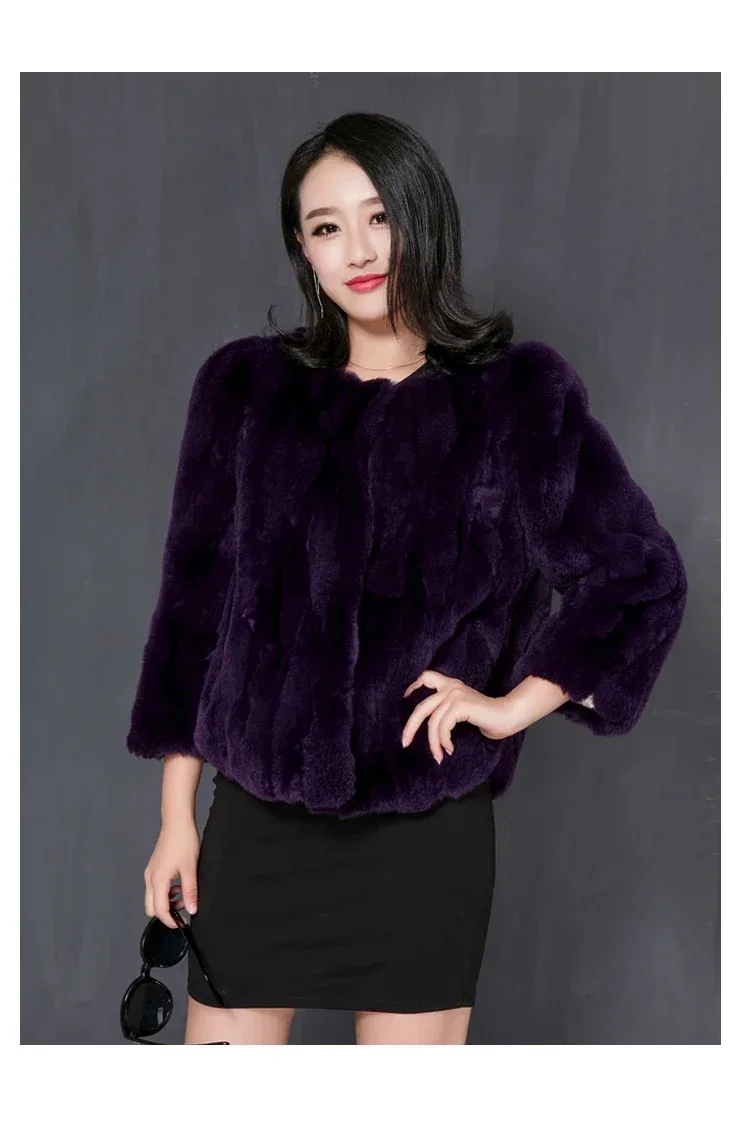 2024 Fur Jacket Short Loose Winter Natural Real Rex Rabbit Fur Coat Jackets Women Luxury Size Furry Thick Warm Crew Neck Clothes