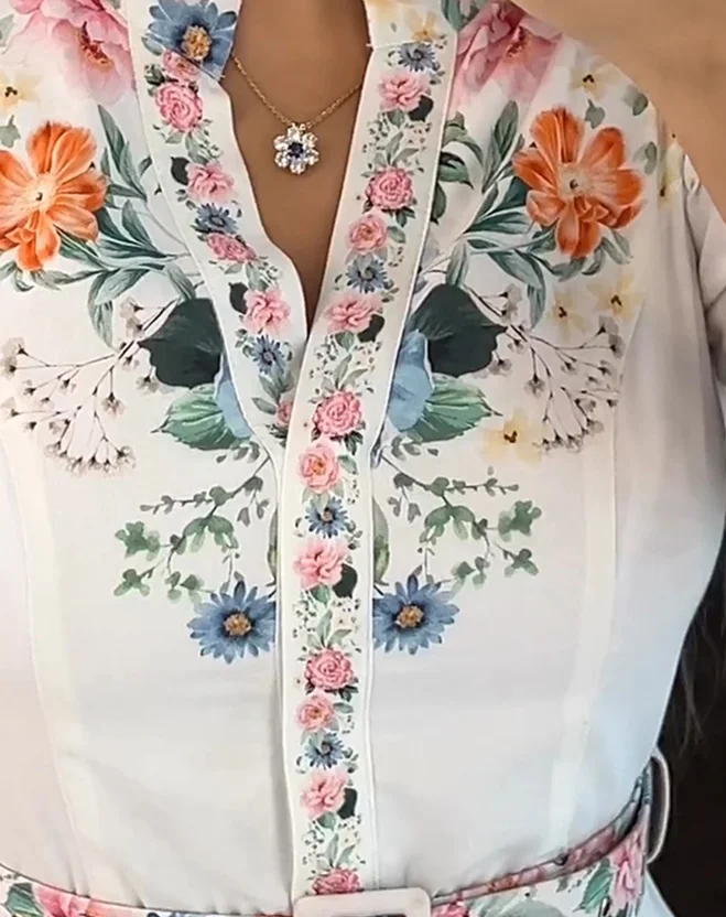 Women's printed V-neck three-quarters lace up detail shirt dress casual A-line slim fit long skirt spring/summer new style