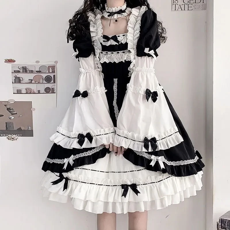 Sweet Lolita Vintage Dress Women Long Sleeve Costume Kawaii Loose Cute Japanese Style Bow Dress set Cosplay Cross-dressing COS