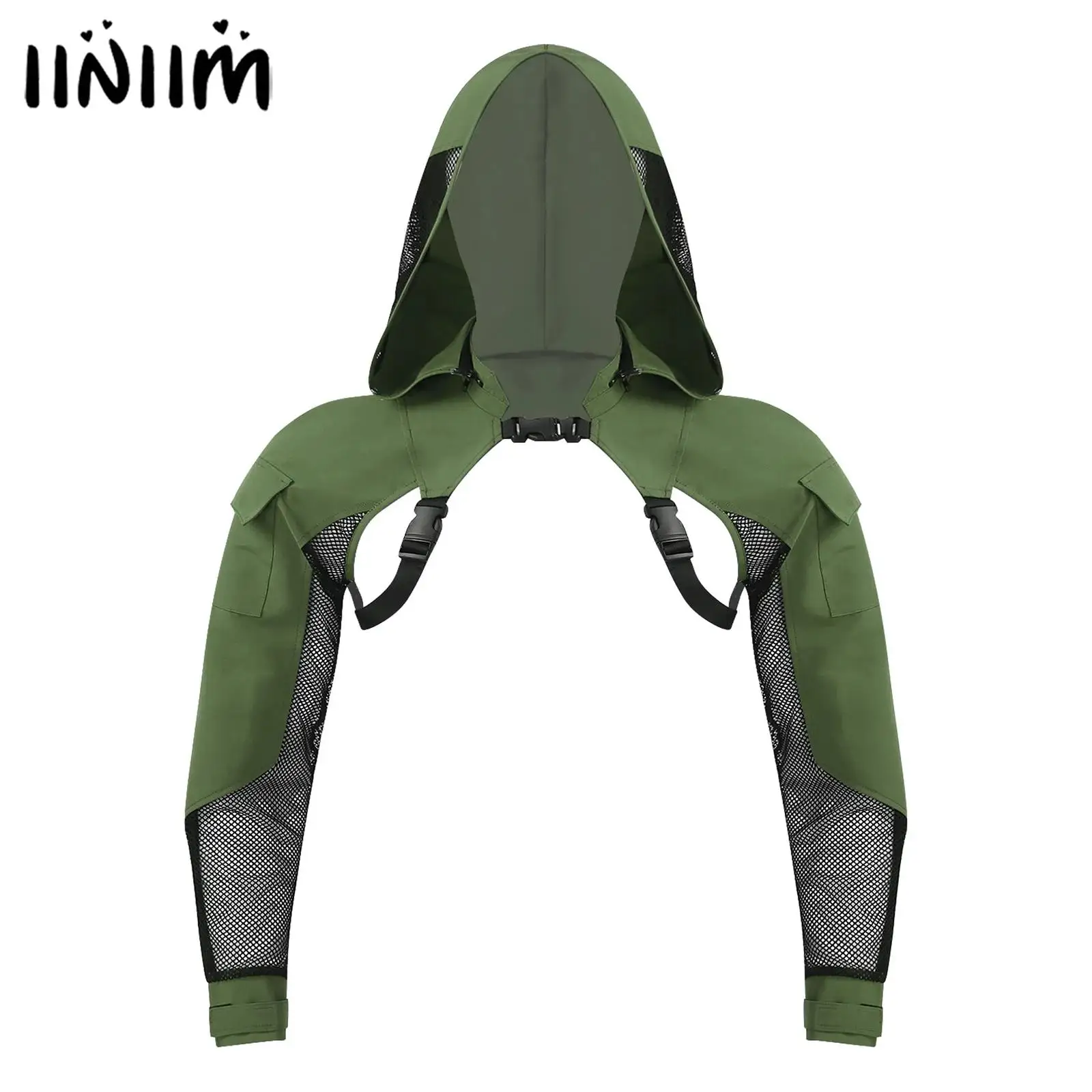 

Mens Combat Hooded Crop Top Fishnet Mesh Patchwork Long Sleeve with Pocket Adjustable Straps with Buckle Shoulder Armor Costumes