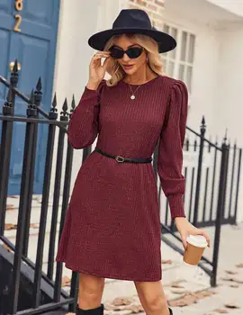 優雅女士連身裙,羅紋針織毛衣裙,圓領泡泡袖長袖,休閒保暖,適合秋冬季穿著 6 最佳銷售 羅紋針織連身裙 - №5