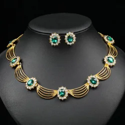Luxury Jewelry Set Accessories Gold Color Black Green Crystal Rhinestone Matching Stud Earrings and Statement Necklace for Women