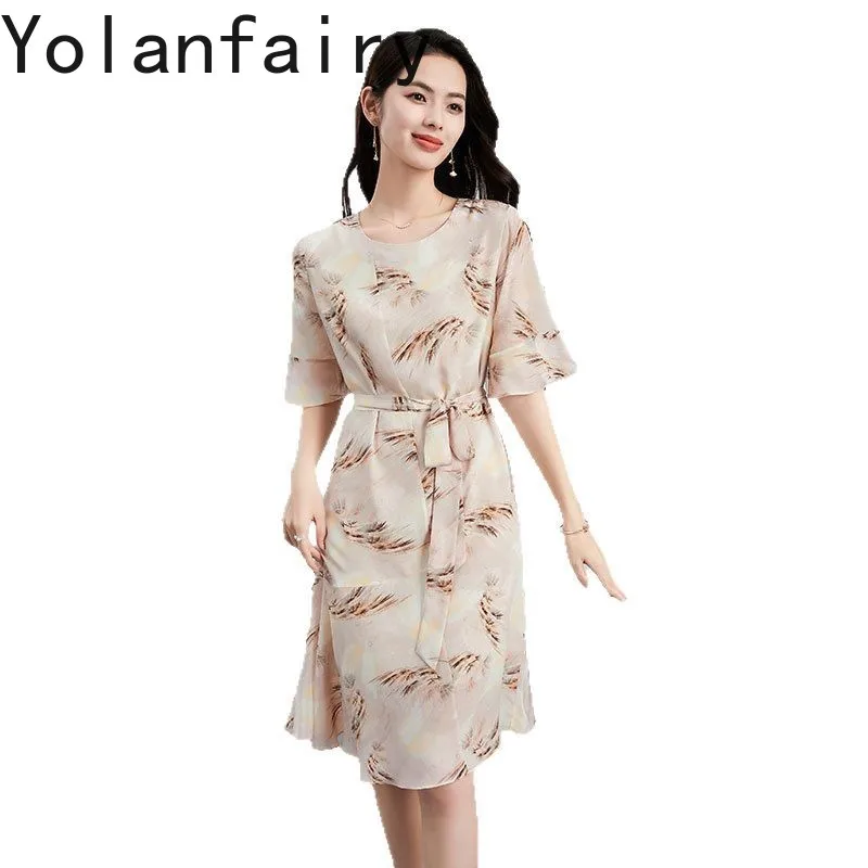 

YOLANFAIRY 100% Real Mulberry Silk Dresses for Woman 2025 Summer Beach Outfit O-neck Light Pink Dress Elegant Dresses Lace-up