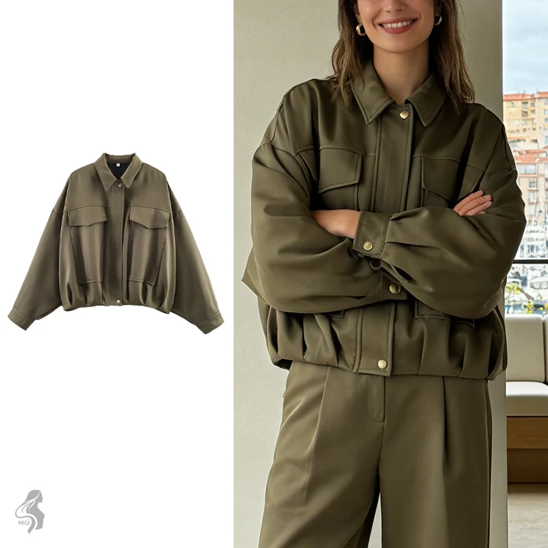 レディースターンダウンカラーワークウェアジャケットルーズヘムギャザーポケット付き秋冬カジュアル通勤ジャケット女性冬コート