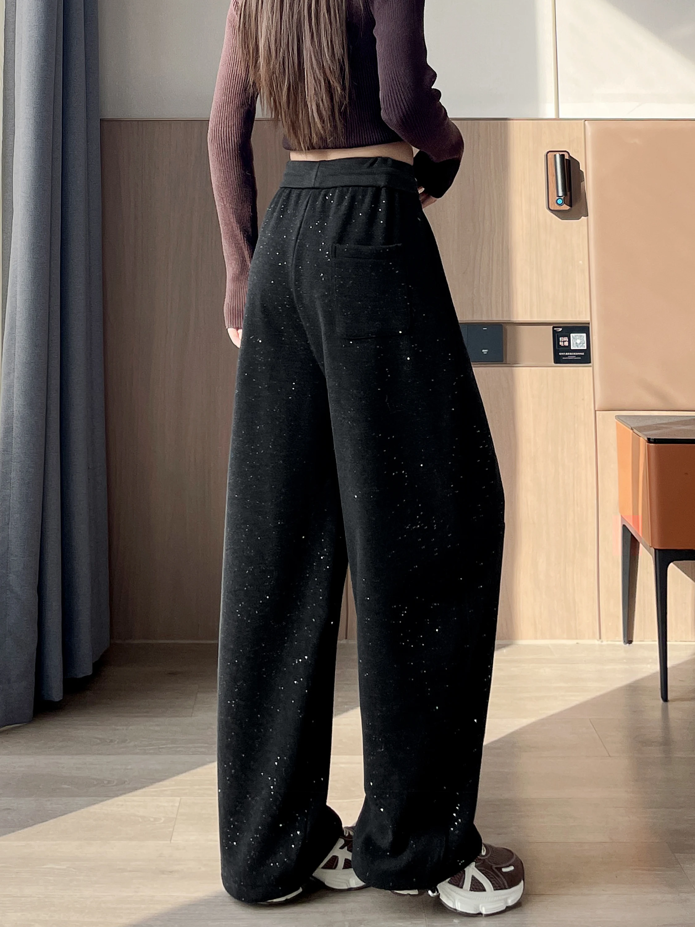 Spodnie z szerokimi nogawkami, ocieplane, z cekinami, damskie, zimowe, z wysokim stanem, wyszczuplające, sportowe spodnie dresowe, codzienne, z efektem noża...