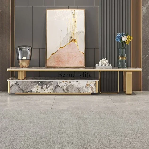 

ight luxury rock slab telescopic TV cabinet coffee table combination post-modern stainless steel high-end gold locker