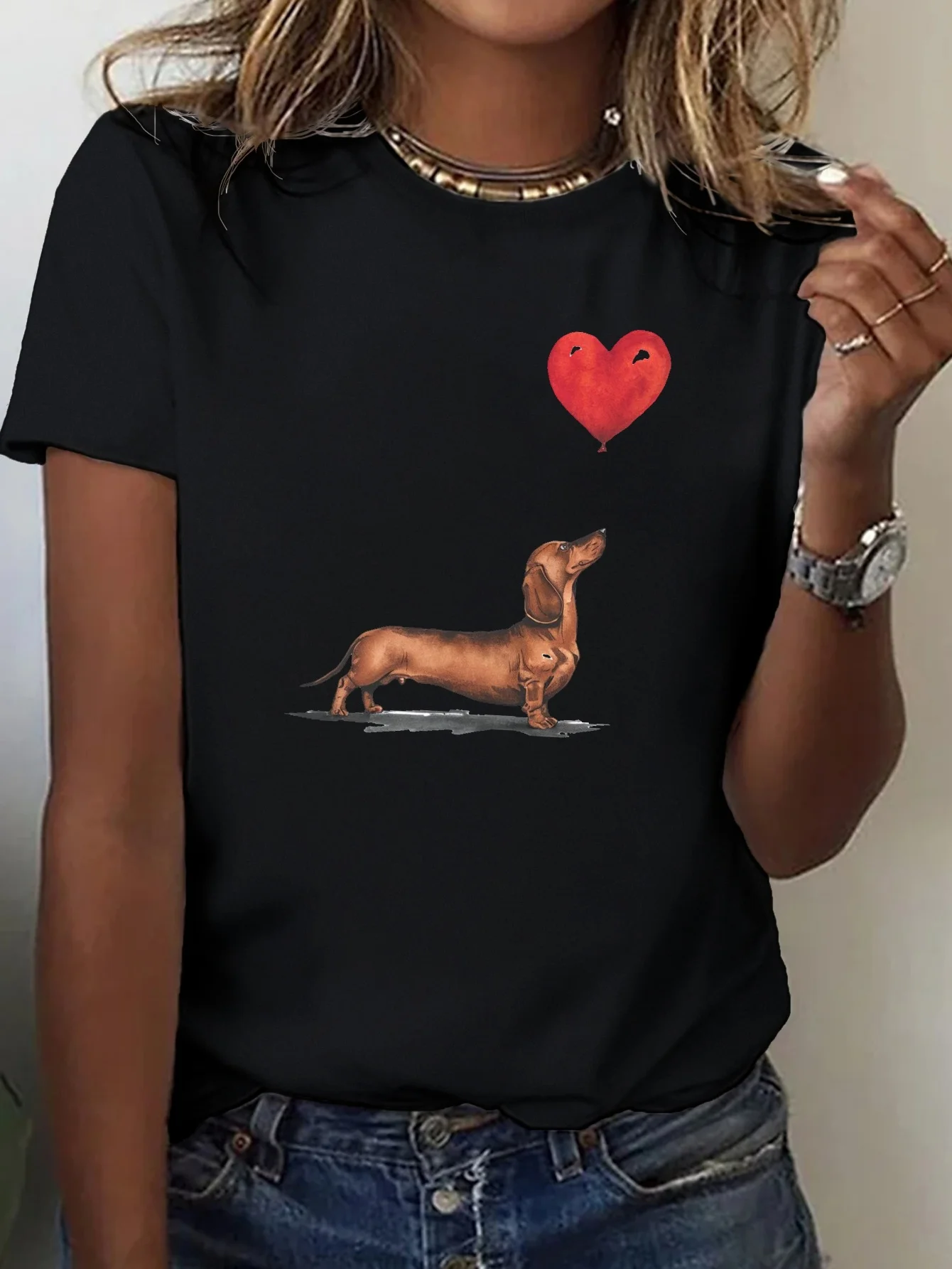 Dachshund and Heart Balloon Print Comfortable Women's T-Shirt Cute T Shirts Feminine Casualwear y2k top women clothes