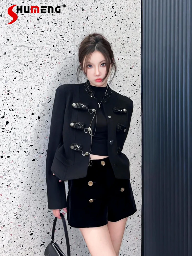 Black Sequins Small Fragrant Coat Women's 2024 Autumn Winter New Socialite Chain Metal Buckle Stand Collar Long-sleeve Short Top