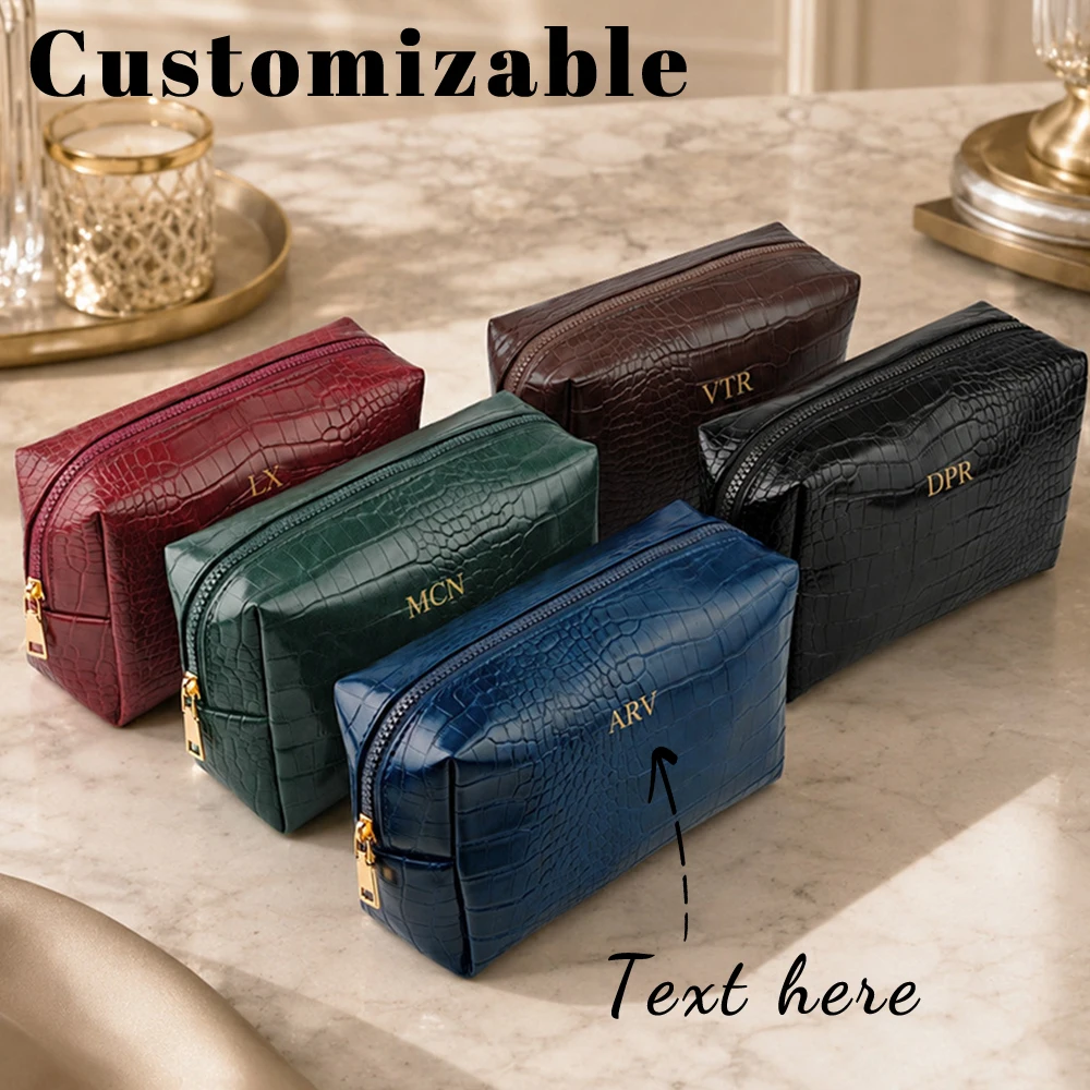 Customized Name 'Crocodile Pattern' PU Makeup Bag, Large Capacity, Women's Handbag, Men's Travel Toiletry and Makeup Storage Bag