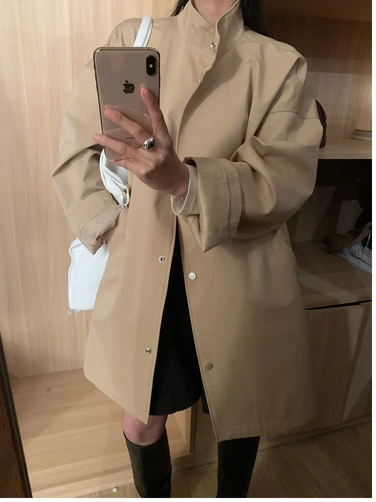 

Women'S Fashionable Trench Quilted Double-Decker Preppy Shoulders Fall Winter Sporty Layered Body Kaki Appearance Color-Blocking