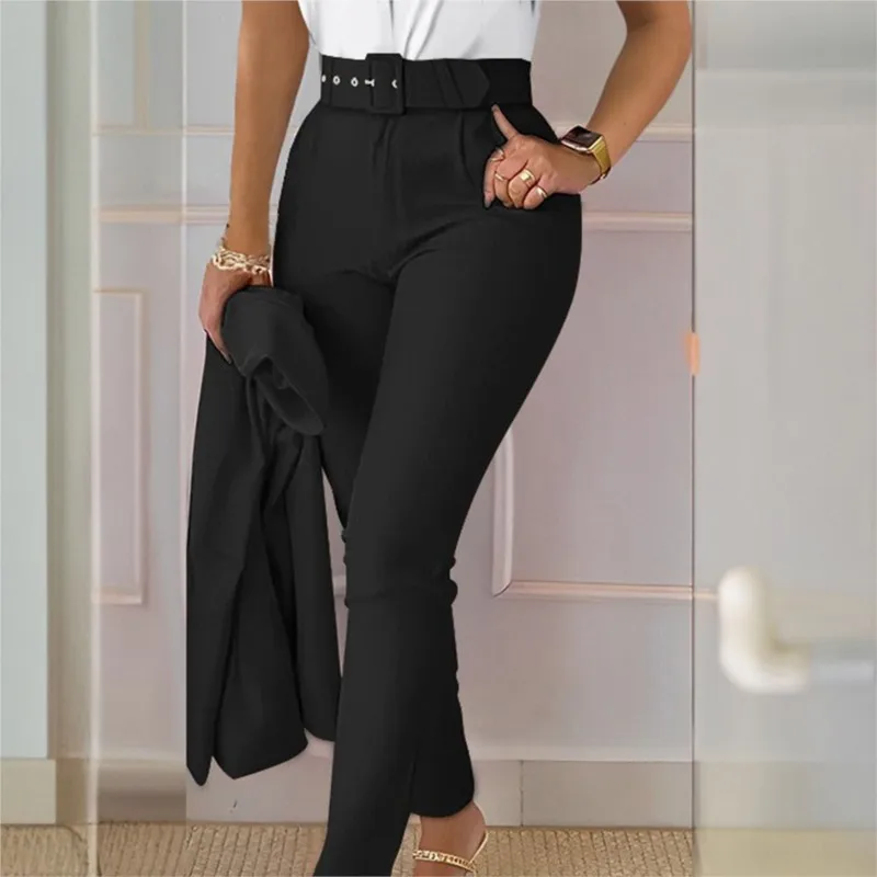 Elegant Women\'s Two Piece Set Suit Autumn Summer Fashion Print Hollow Out Sleeveless Tops Black Petite Pants Two-piece Set Women