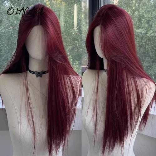 Peluca roja, peluca con malla frontal larga y recta para mujer, pelucas de encaje sintético natural para Cosplay, uso diario, pelucas con diadema resistentes al calor