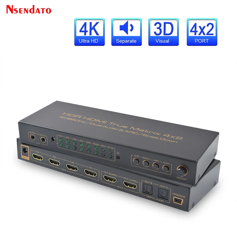 

4x2 HDR HDMI Matrix Switch 4K 60Hz 4 In 2 Out HDMI Splitter Switcher Audio Extractor ARC AUX SPDIF Scale Down For PS3 PS4 TV DVD