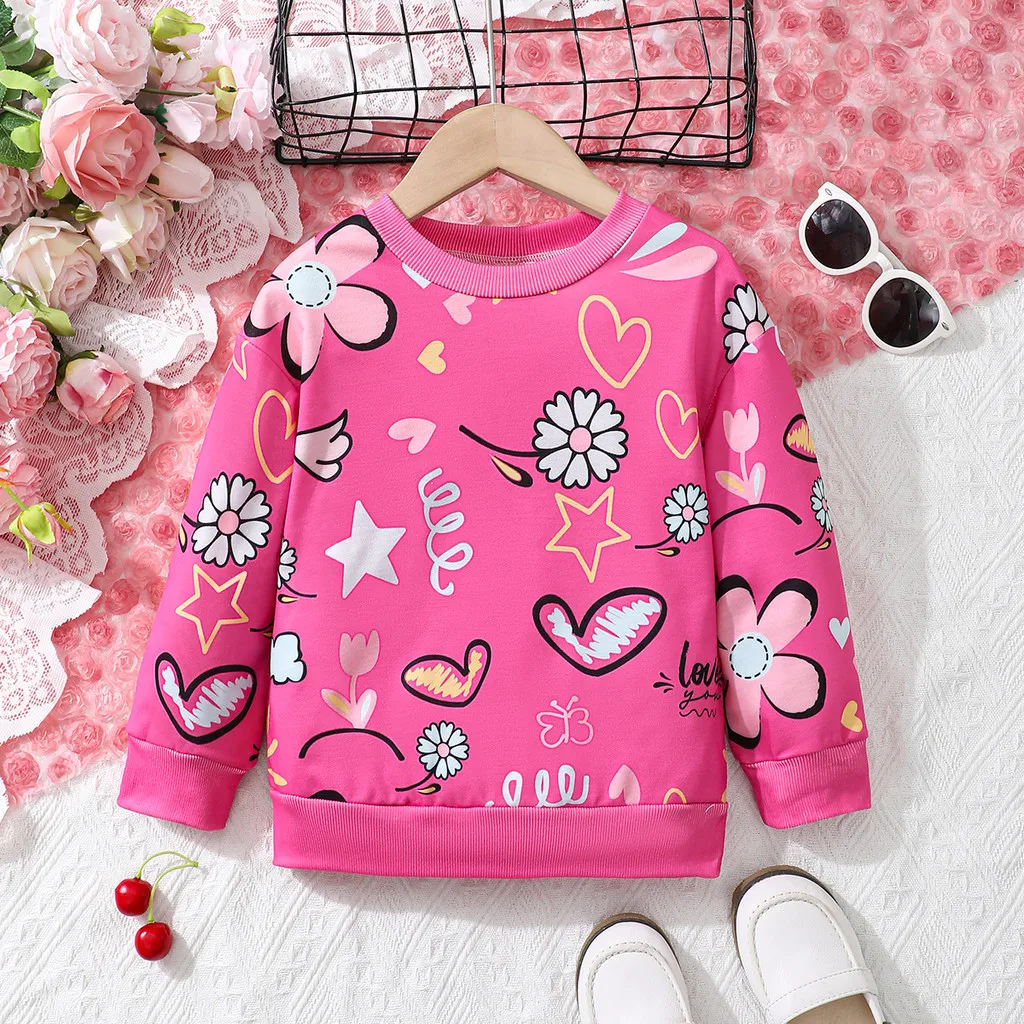 بلوزة لطيفة بأكمام طويلة مطبوعة يدويًا للفتيات من عمر 4 إلى 7 سنوات، ملابس يومية للفتيات الصغيرات، ملابس الخريف والشتاء