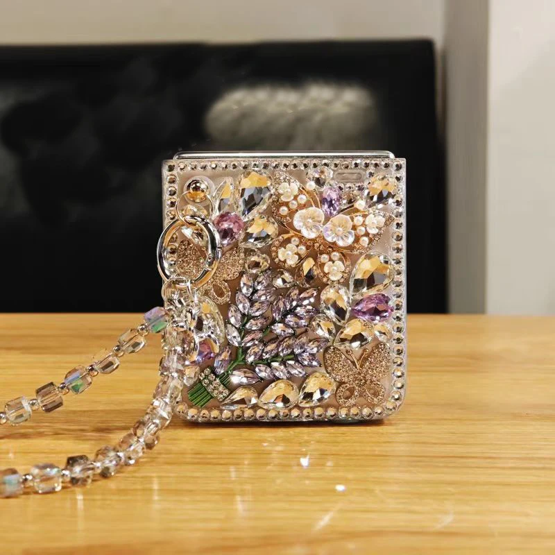 Luxury Pearl Elegant Butterfly Diamond Lavender Crystal Wrist Phone Case Cover For Samsung Galaxy  Z Flip 3 4 5 6 ZFLIP6