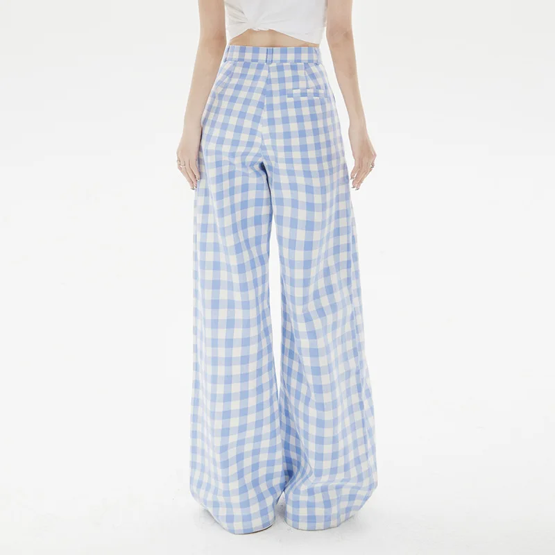 Retro high waisted loose wide leg pants look slim, checkered casual pants, women's lazy style, spring and summer new items