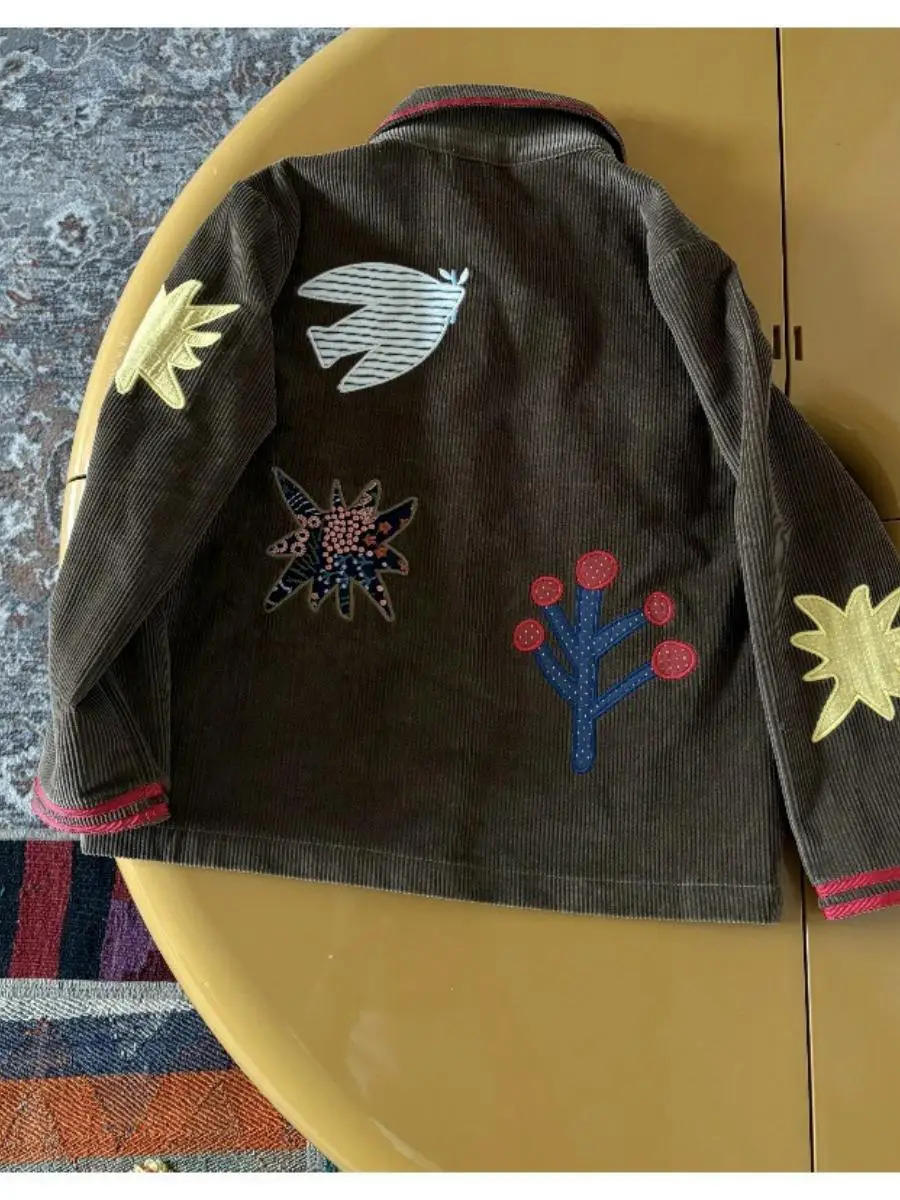 Abrigo ortopé con cuello levantado de pana bordada para niña, ropa de abrigo de moda coreana para niña, primavera y otoño