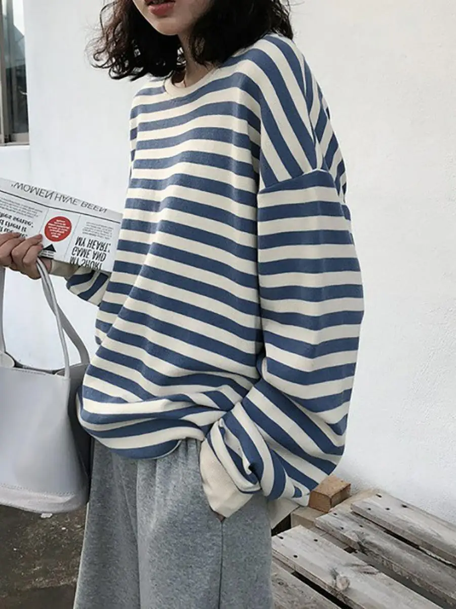 Cotton Long Sleeve Striped T-Shirt Women's Loose Fit Thin Style Korean Version Autumn New Arrival Student Casual Sweatshirt